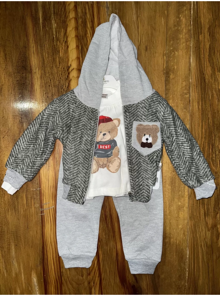 6-24 aylık ceketli kapşonlu üçlü takım gribeyaz