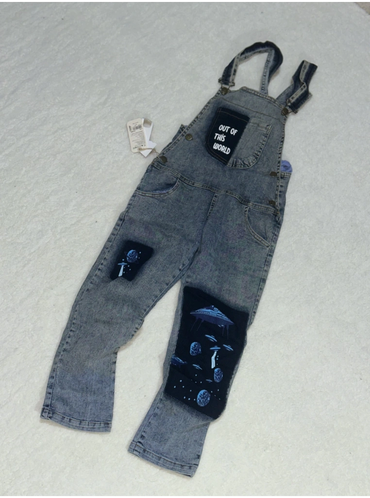 8-9 yaş kız çocuk jeans tulum baskılı buz mavi