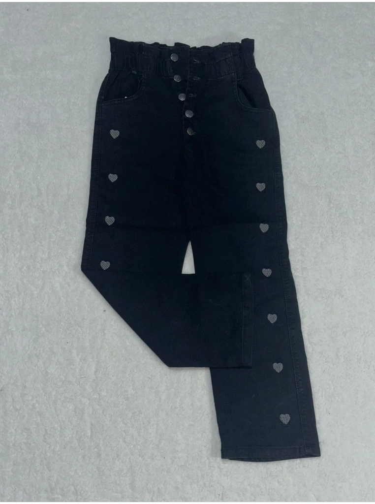 9 yaş kız çocuk beş düğmeli kalp işlemeli jeans pantolon siyah