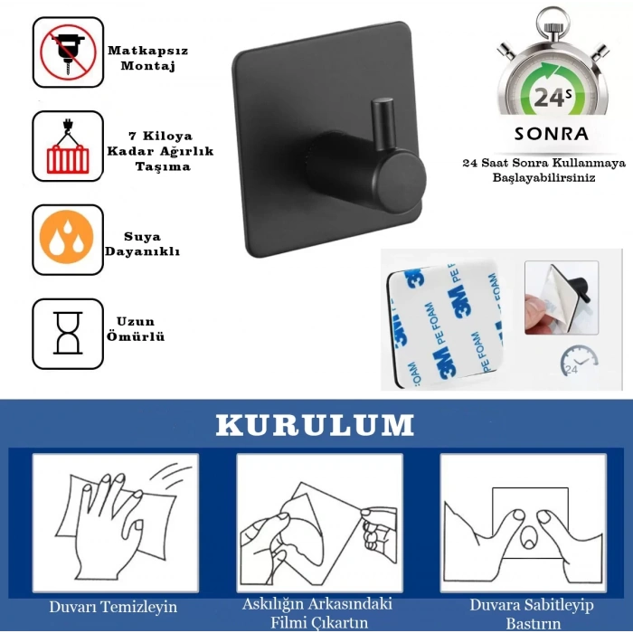 ARDİNİ KENDİNDEN YAPIŞKANLI ASKILIK MAT SİYAH 01 PAKETTE 5 ADET