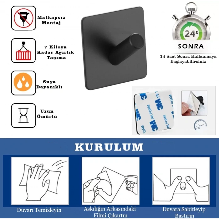 ARDİNİ KENDİNDEN YAPIŞKANLI ASKILIK MAT SİYAH 02 PAKETTE 5 ADET