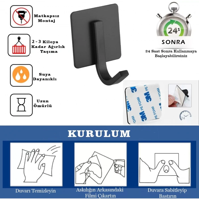 ARDİNİ KENDİNDEN YAPIŞKANLI ASKILIK MAT SİYAH 03 PAKETTE 5 ADET