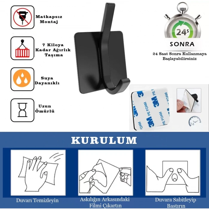 ARDİNİ KENDİNDEN YAPIŞKANLI ASKILIK MAT SİYAH 04  PAKETTE 5 ADET