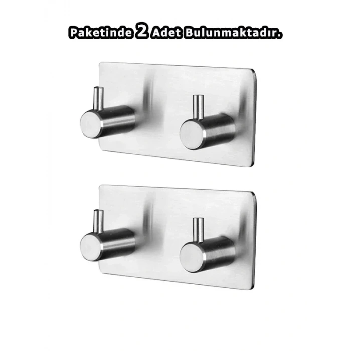 ASKILIK YAPIŞKANLI DİKDÖRTGEN ÇUBUKLU 2 KANCALI PASLANMAZ ÇELİK (RENK KROM) PAKETTE 2 ADET