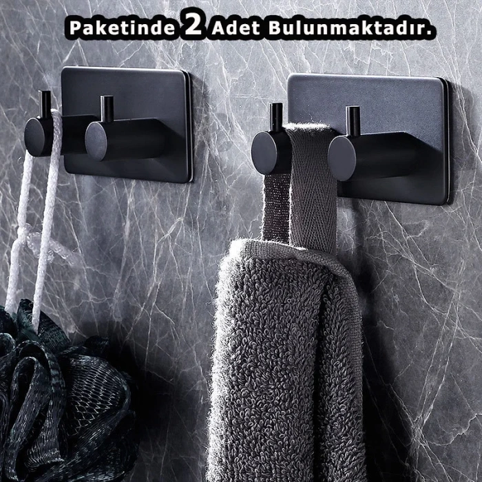 ASKILIK YAPIŞKANLI DİKDÖRTGEN ÇUBUKLU 2 KANCALI MAT SİYAH PAKETTE 2 ADET
