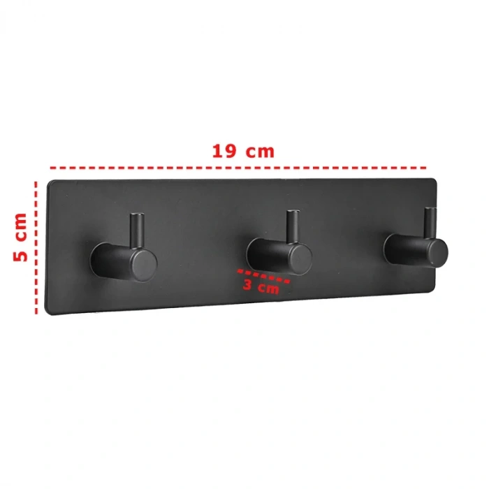 ASKILIK YAPIŞKANLI DİKDÖRTGEN ÇUBUKLU 3 KANCALI MAT SİYAH