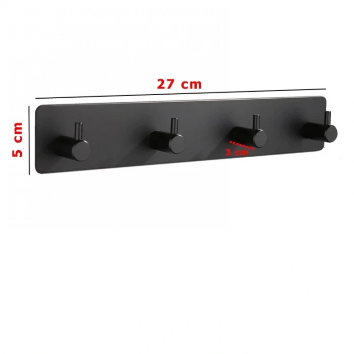 ASKILIK YAPIŞKANLI DİKDÖRTGEN ÇUBUKLU 4 KANCALI MAT SİYAH