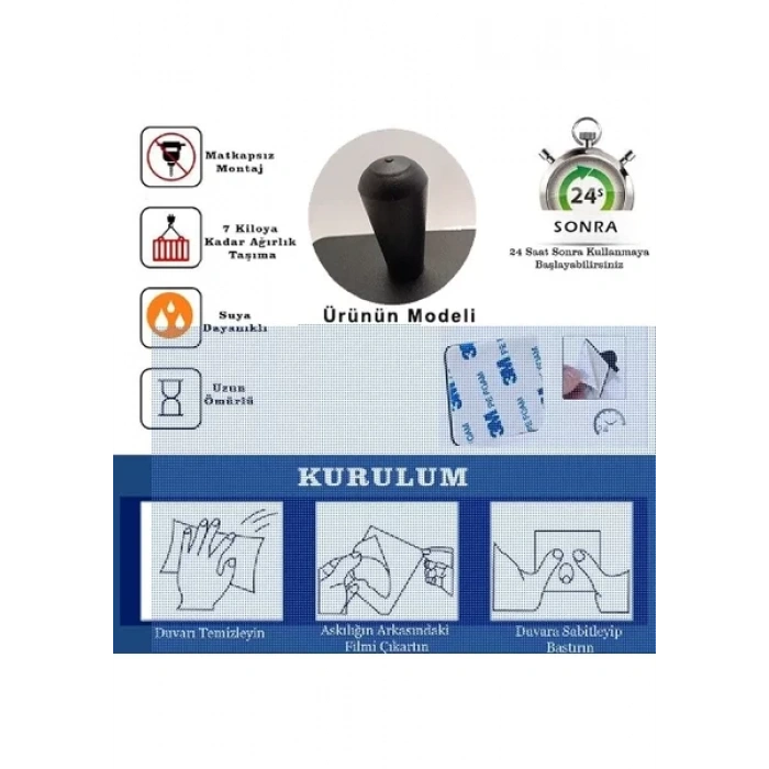 ASKILIK YAPIŞKANLI VE VİDALI KONİK ALTILI MAT SİYAH