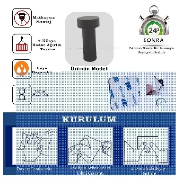 ASKILIK YAPIŞKANLI VE VİDALI MANTAR BEŞLİ MAT SİYAH