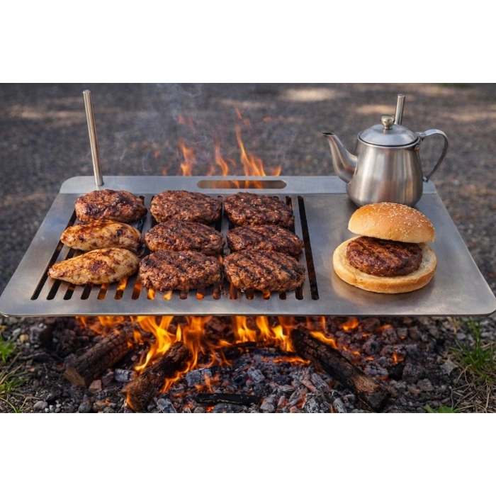 IZGARA MANGAL PRATİK KURULUM 3 MM SS201 PASLANMAZ ÇELİK HAMBURGER BÖLMELİ 58 X 38 CM