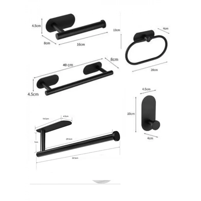 KENDİNDEN YAPIŞKANLI BANYO SETİ 5 Lİ MAT SİYAH