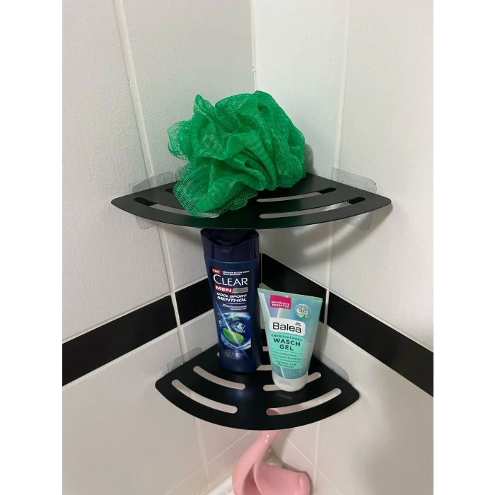 KİTARO KENDİNDEN YAPIŞKANLI ŞAMPUANLIK RAFI MAT SİYAH İKİ KATLI