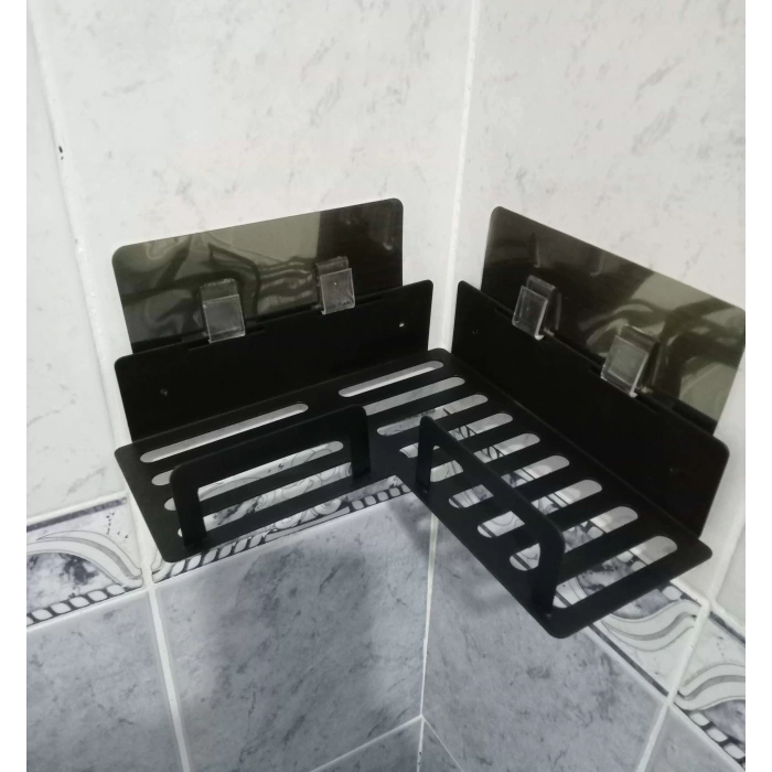 ŞAMPUANLIK DUŞ RAFI YAPIŞKANLI VE VİDALI KÖŞELİ VE SETLİ MODEL MAT SİYAH