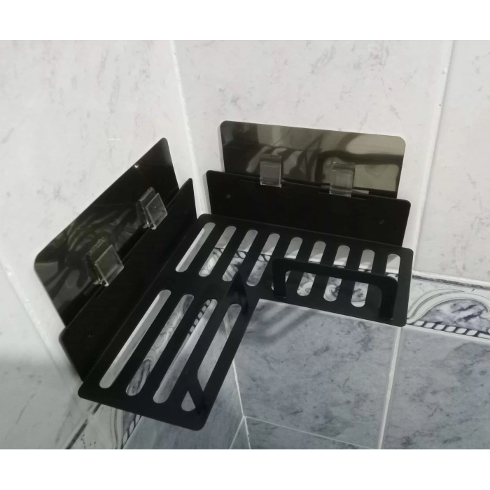 ŞAMPUANLIK DUŞ RAFI YAPIŞKANLI VE VİDALI KÖŞELİ VE SETLİ MODEL MAT SİYAH