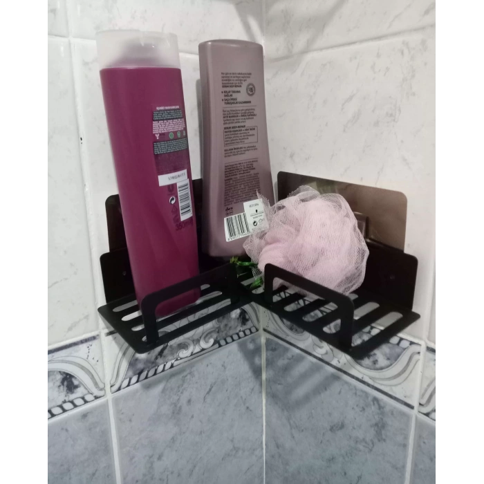 ŞAMPUANLIK DUŞ RAFI YAPIŞKANLI VE VİDALI KÖŞELİ VE SETLİ MODEL MAT SİYAH