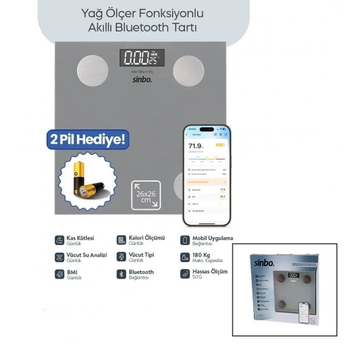 GRİ YAĞ ÖLÇER AKILLI BLUETOOTH CAM BASKÜL PİLLİ 180KG/50GR 26X26CM 8-KİŞİ HAFIZA LCD EKRAN ℃ GÖSTERGE SBS-4473 (5468)