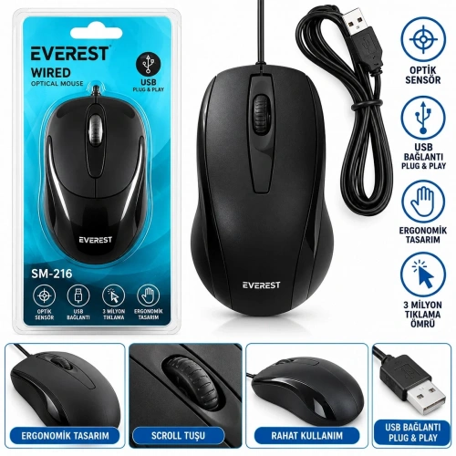 KABLOLU USB - IŞIKLI SİYAH OPTİCAL MOUSE 1200 DPI SM-216 (5468)