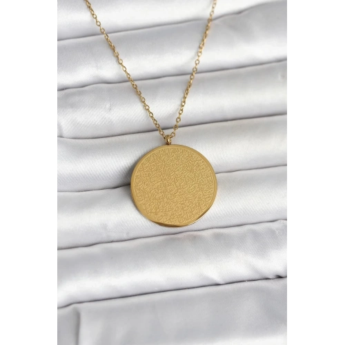 Mey İthalat® 316L Çelik Gold Renk Ayetel Kürsi ve Allah Yazılı Kolye