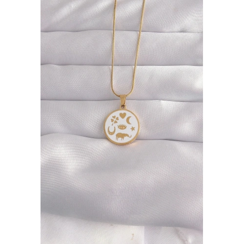 Mey İthalat® 316L Çelik Gold Renk Beyaz Mineli Karışık Figürlü Tarot Kolye
