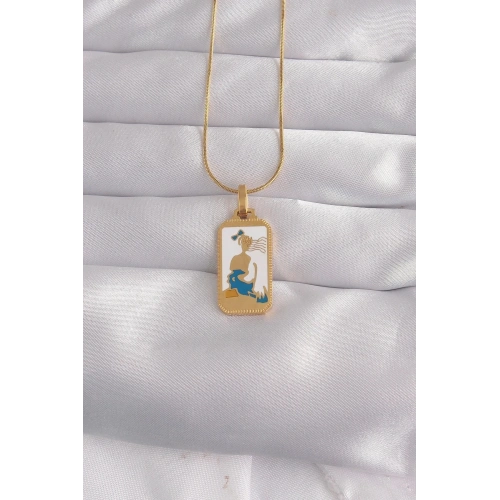 Mey İthalat® 316L Çelik Gold Renk Beyaz Mineli Kız Figür Tarot Kolye