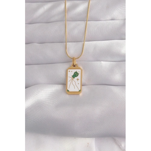 Mey İthalat® 316L Çelik Gold Renk Beyaz Mineli Tarot Kolye