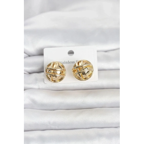 Mey İthalat® 316L Çelik Gold Renk Desenli Top Model Kadın Küpe