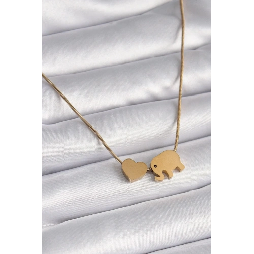 Mey İthalat® 316L Çelik Gold Renk Fil Kalp Figürlü Kadın Kolye