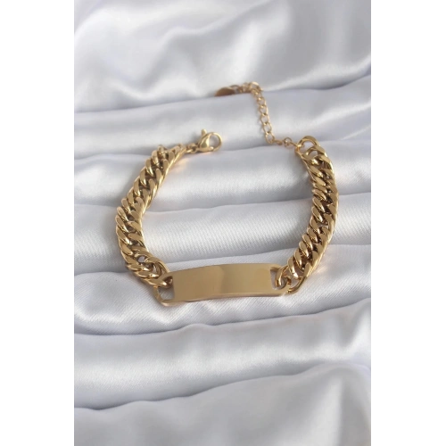 Mey İthalat® 316L Çelik Gold Renk İsim Yazılabilir Plaka Model Kadın Bileklik