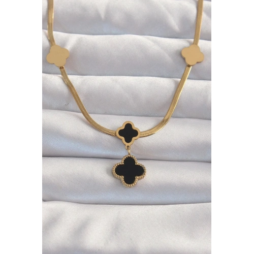 Mey İthalat® 316L Çelik Gold Renk İtalyan Zincirli Mineli Yonca Kolye