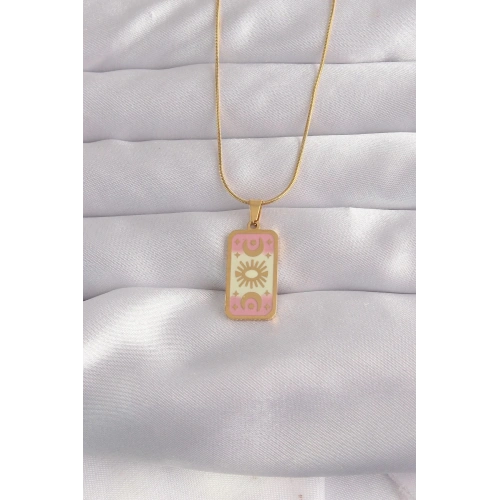 Mey İthalat® 316L Çelik Gold Renk Karışık Mineli Ay Figür Tarot Kolye