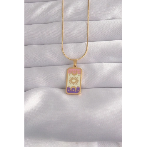 Mey İthalat® 316L Çelik Gold Renk Karışık Mineli Ay Figür Tarot Kolye