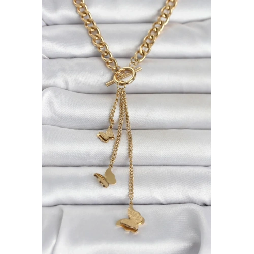 Mey İthalat® 316L Çelik Gold Renk Kelebek Sallantılı Kadın Kolye