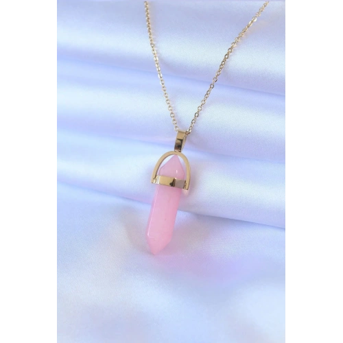 Mey İthalat® 316L Çelik Gold Renk Kristal Pembe Taş Model Kadın kolye