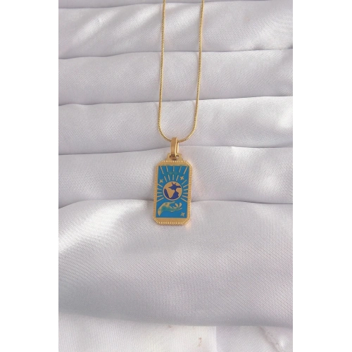 Mey İthalat® 316L Çelik Gold Renk Mavi Mineli El Figür Tarot Kolye