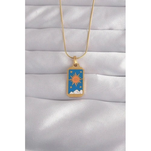 Mey İthalat® 316L Çelik Gold Renk Mavi Mineli Güneş Model Tarot Kolye