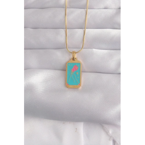 Mey İthalat® 316L Çelik Gold Renk Mavi Mineli Tarot Kolye