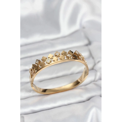 Mey İthalat® 316L Çelik Gold Renk Minimal Yoncalı Kadın Kelepçe Bileklik