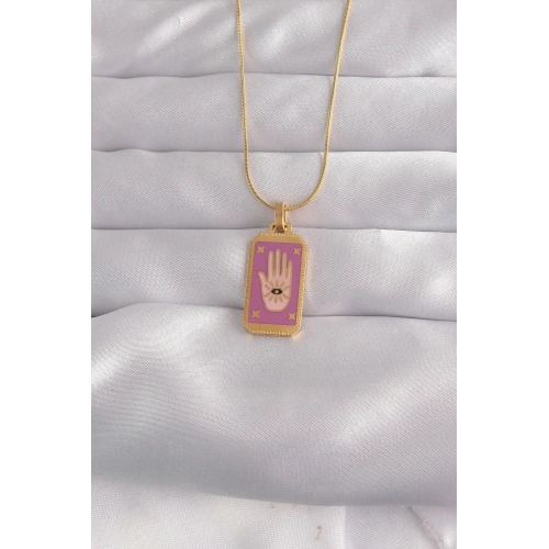 Mey İthalat® 316L Çelik Gold Renk Mor Mineli El Figür Tarot Kolye