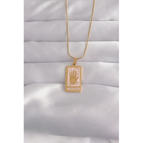 Mey İthalat® 316L Çelik Gold Renk Pembe Mineli El Figür Tarot Kolye