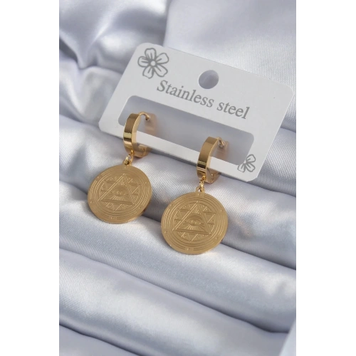 Mey İthalat® 316L Çelik Gold Renk Pentagram İşleme Model Kadın Küpe