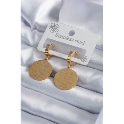 Mey İthalat® 316L Çelik Gold Renk Pentagram İşleme Model Kadın Küpe