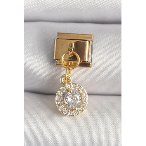 Mey İthalat® 316L Çelik Gold Renk Sallantı Daire Zirkon Taşlı Nomination Charm