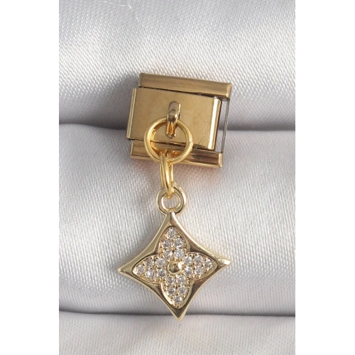 Mey İthalat® 316L Çelik Gold Renk Sallantı Zirkon Taşlı Çiçek İşlemeli Nomination Charm