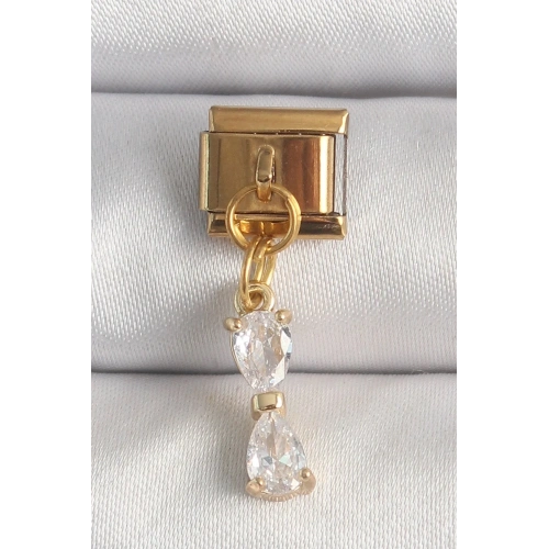 Mey İthalat® 316L Çelik Gold Renk Sallantı Zirkon Taşlı Kurdele Model Nomination Charm