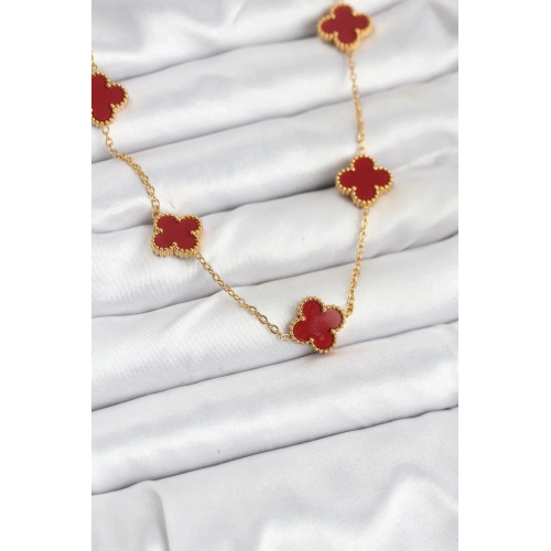 Mey İthalat® 316L Çelik Gold Renk Zincir Bordo Yonca Kadın Kolye