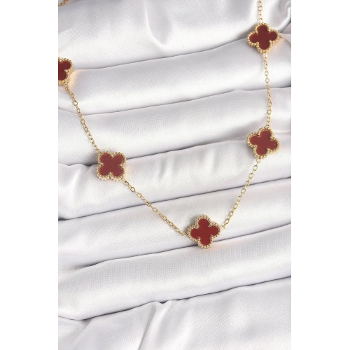 Mey İthalat® 316L Çelik Gold Renk Zincir Bordo Yonca Model Kadın Kolye