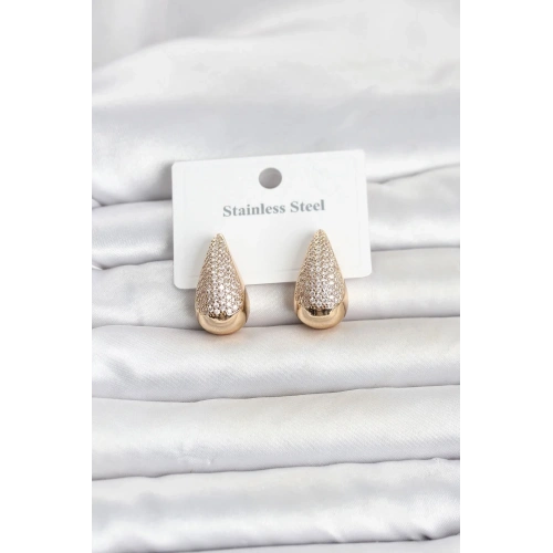 Mey İthalat® 316L Çelik Gold Renk Zirkon Taşlı Damla Model Kadın Küpe