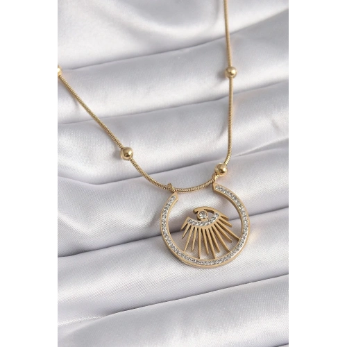Mey İthalat® 316L Çelik Gold Renk Zirkon Taşlı Göz Model Kadın Kolye