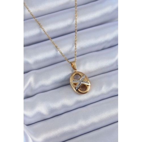 Mey İthalat® 316L Çelik Gold Renk Zirkon Taşlı Kadın Kolye