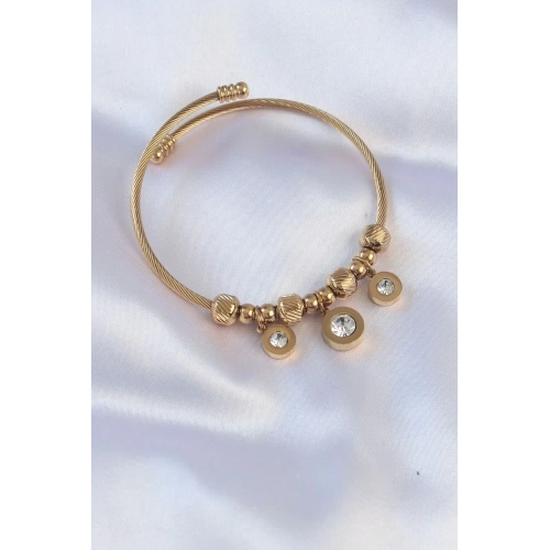 Mey İthalat® 316L Çelik Gold Renk Zirkon Taşlı Model Charm Bileklik